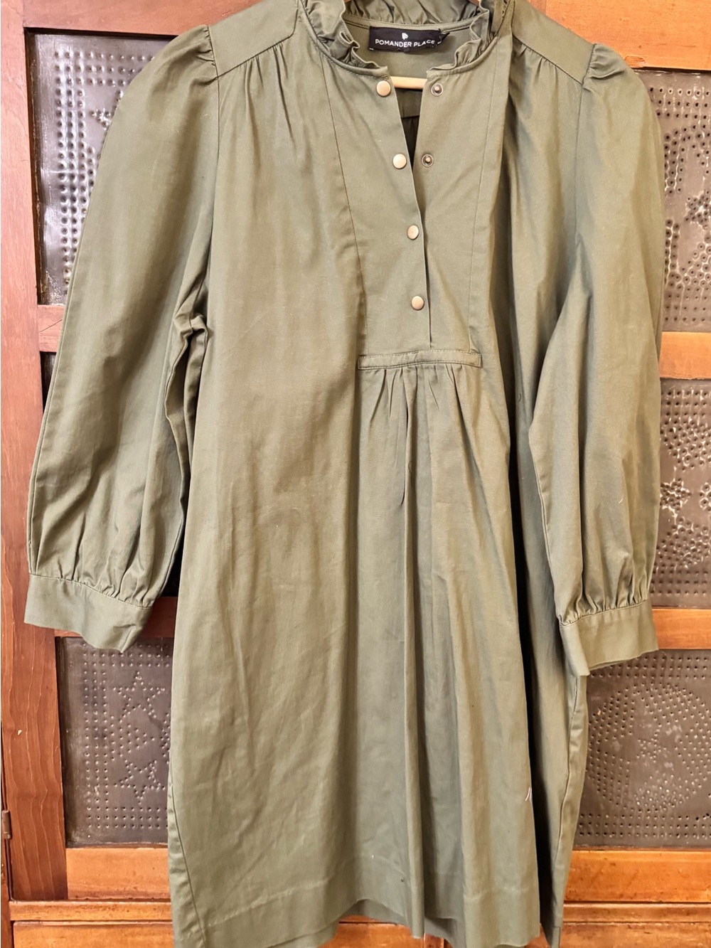 Pomander Place Olive Green Ruffled Collar Button-Front Dress